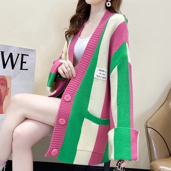 Stripe cardigan green pink wide sleeve pocket sweater button - Picture 6 of 7